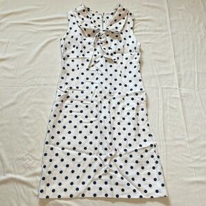 1960-70’s Vintage White Linen Day Dress with Navy Blue Polkadots